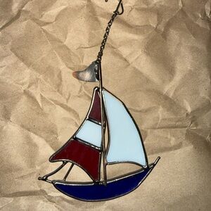 Elegant Glass Sailboat Suncatcher - Red, Blue, and White